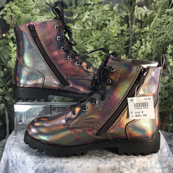 Brash Jet Fashion Lug Boots Iridescent Bronze Zip & Laces Combo Girls 2 NWT&NIB - Picture 5 of 10